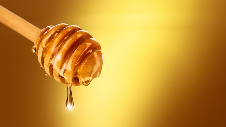 Honey drizzling from honey dipper