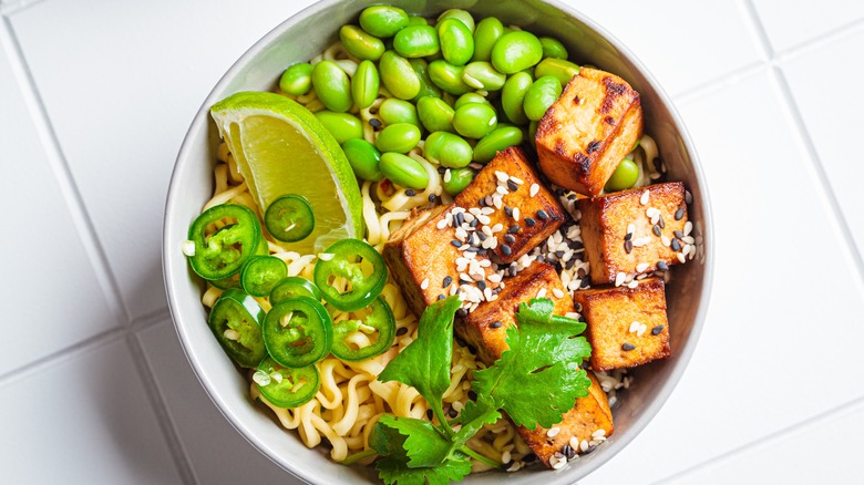 Vegan ramen bowl with toppings