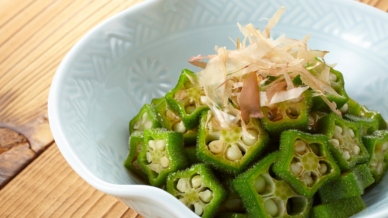 okra salad in white bowl 