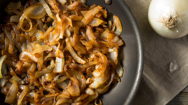 Caramelized onions in a frying pan