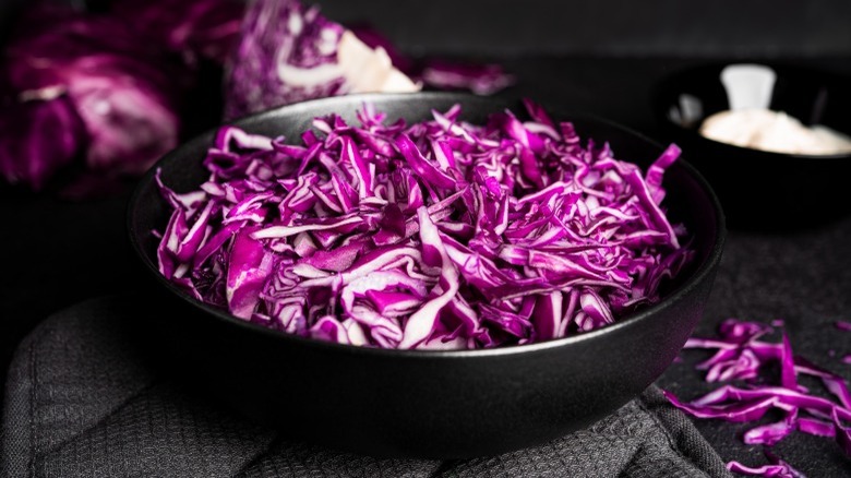 shredded purple cabbage in pan