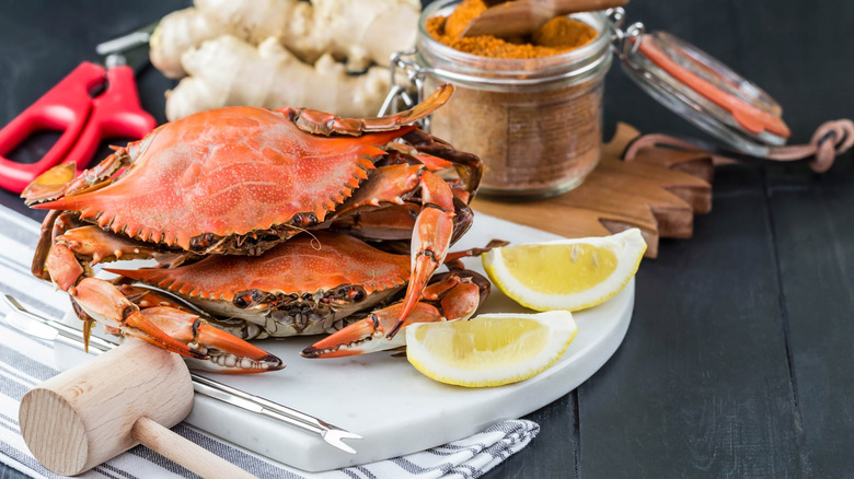 Steamed Maryland blue crab with Old Bay and lemon