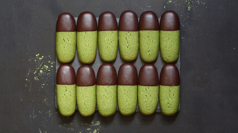 Chocolate-dipped matcha cookies