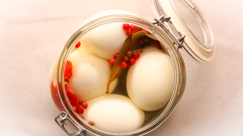 Pickled eggs before sealing jar