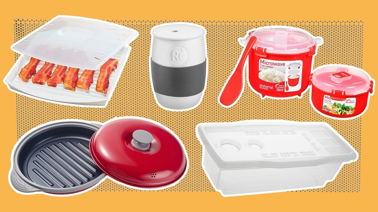 Composite image featuring various tools to assist microwave cooking