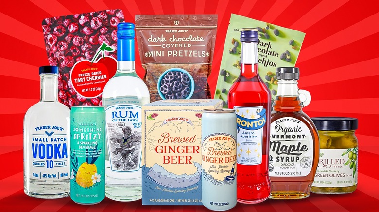 Collage of Trader Joe's bar cart products on red background