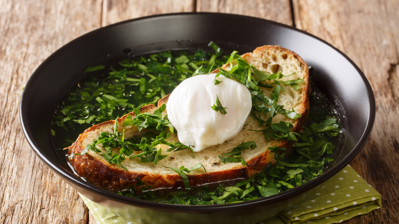 Bread soup with poached egg