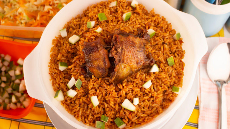 Jollof rice with cucumbers and meat