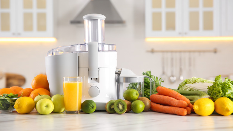 juicer surrounded by produce