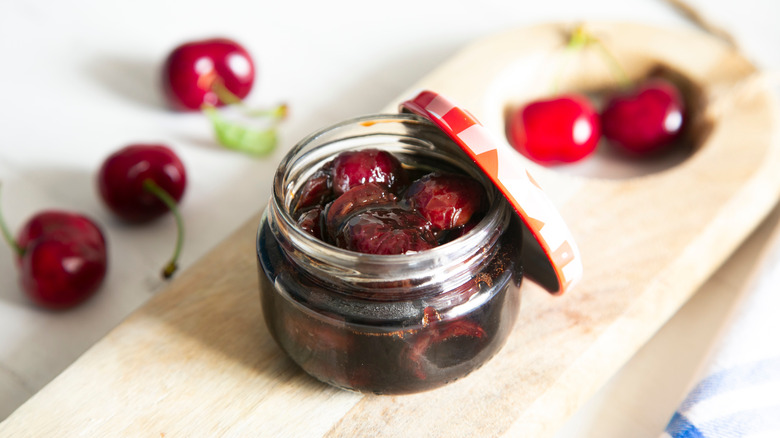 Cherry chutney in glass jar