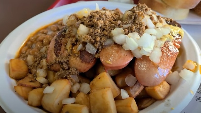 Rochester "Garbage Plate" with potatoes, meat, onions, and baked beans