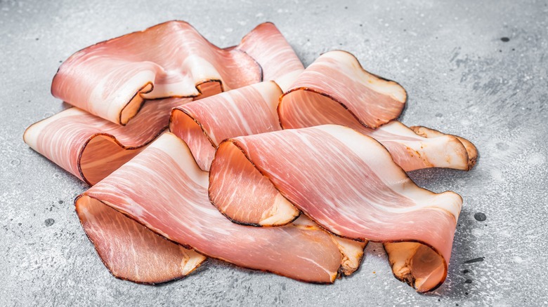 Slices of Black Forest ham in pile