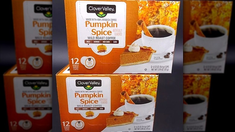two boxes of Clover Valley Pumpkin Spice coffee pods