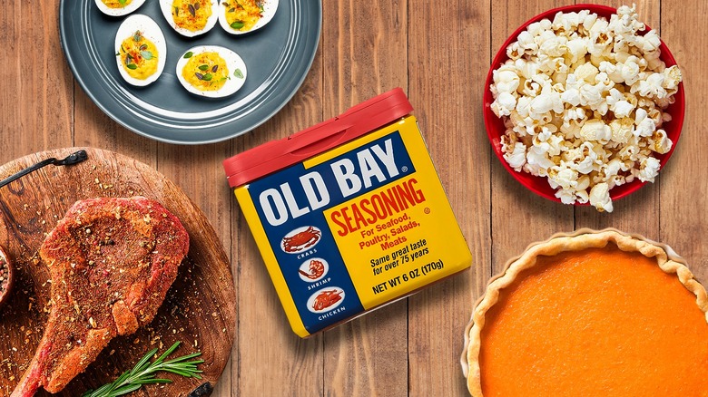 Composite image featuring Old Bay Seasoning and foods one might not expect it on