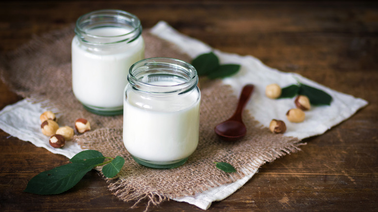 Homemade yogurt in jars on rustic wooden table