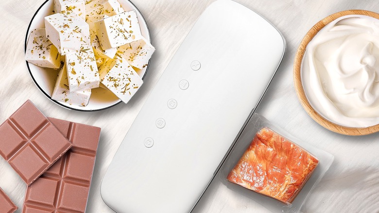 Composite image of feta cheese, chocolate, a sous vide machine, yogurt, and vacuum-sealed meat