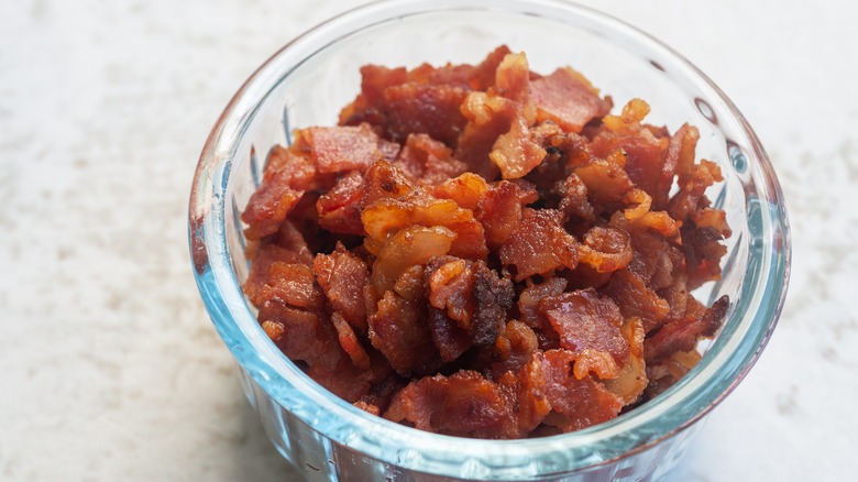 fried bacon bits in ramekin