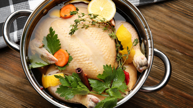 chicken brining in pot