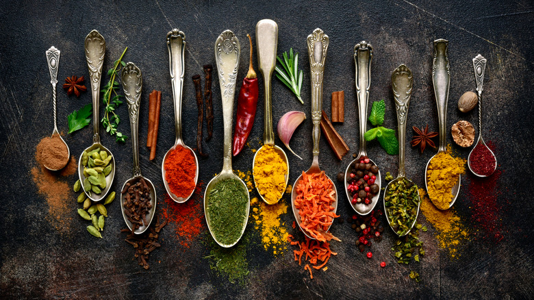 Spices and herbs in spoons
