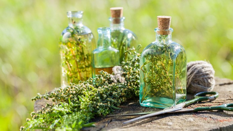 Herb infused vinegar on a tree stump