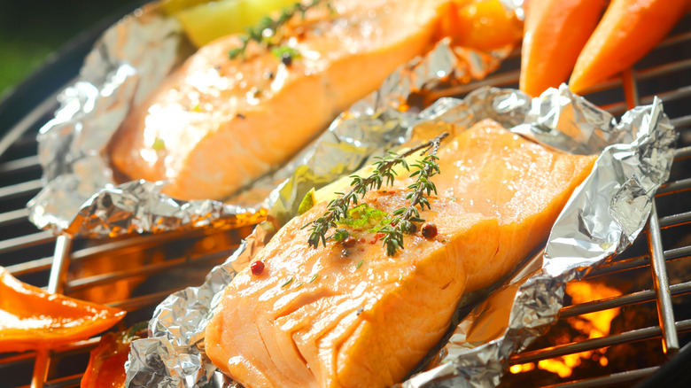 Salmon on grill in foil