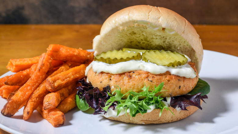 Salmon burger sweet potato fries