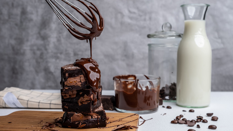 Chocolate sauce on brownies