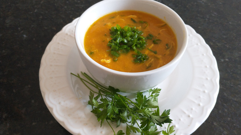 soup in white bowl with parsley 