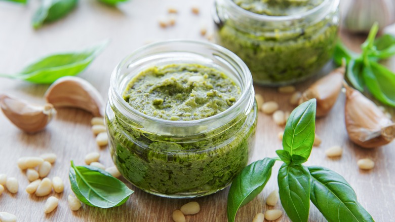 glass jars of pesto