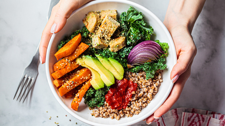 grain bowl with sweet potato avocado and tofu