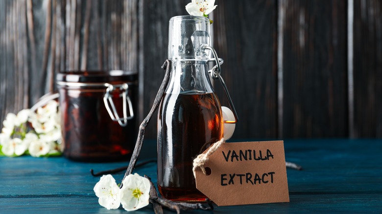 bottle of vanilla extract on table