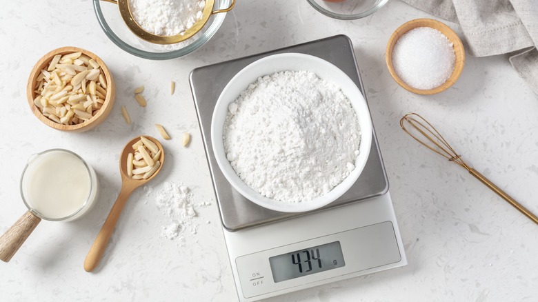 cake flour in bowl on scale