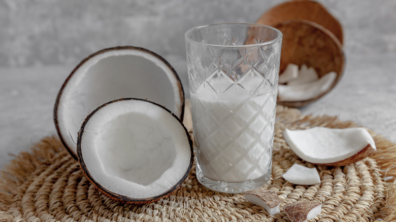 Coconuts, coconut milk in glass