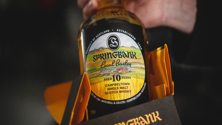 closeup of Springbank whisky bottle