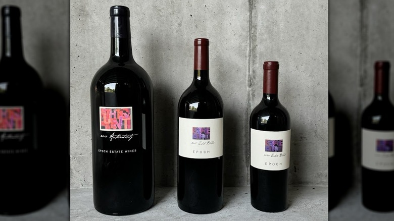 Standard, magnum, and double magnum bottles of wine from Epoch Estate