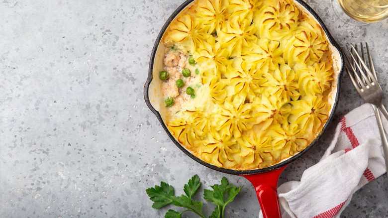 Shepherd's pie in enameled skillet