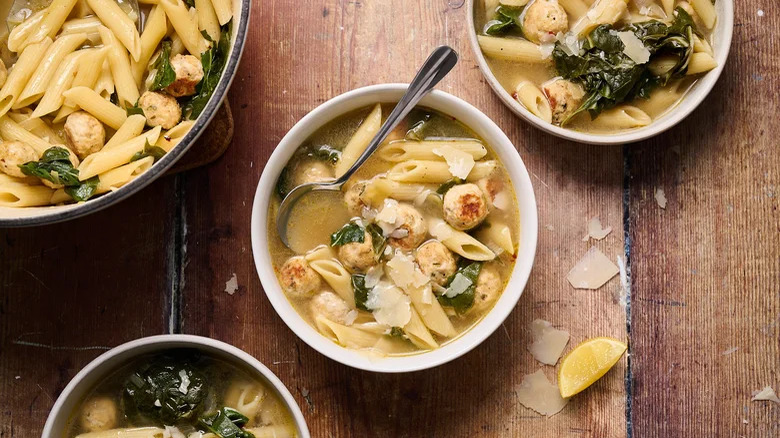 Bowls of chicken meatball soup