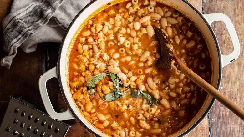 Pot full of pasta e fagioli soup