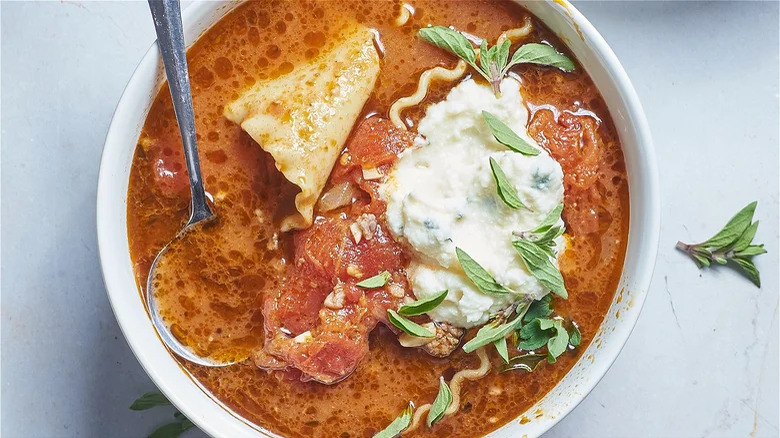 White bowl with deconstructed lasagna soup