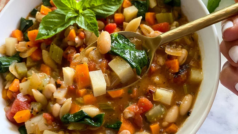 Bowl of minestrone soup with spoonful