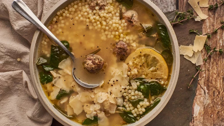 Bowl of rustic Italian wedding soup