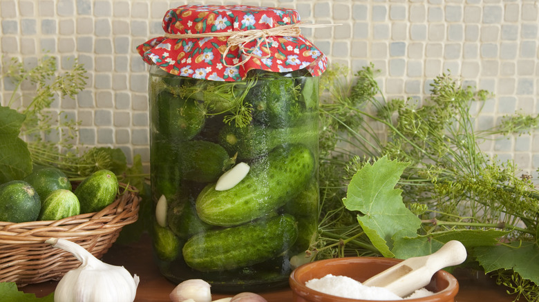 Jar of pickles with seasonings
