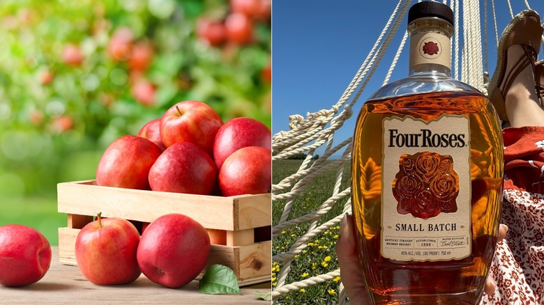 apples in a wooden box and Four Roses Small Batch Bourbon