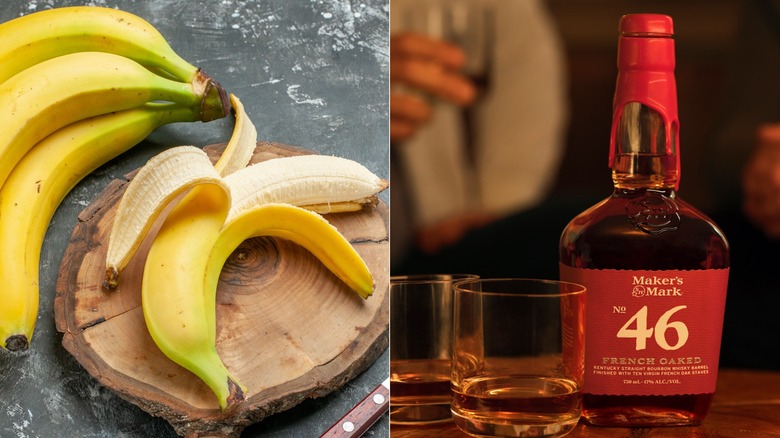 bananas on a wooden board with bottle of Maker's Mark 46