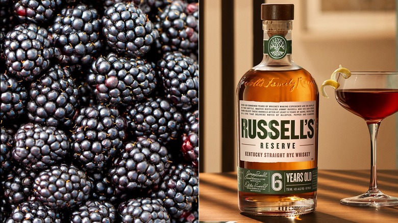 fresh blackberries and Russell's Reserve Rye Bourbon bottle with glass