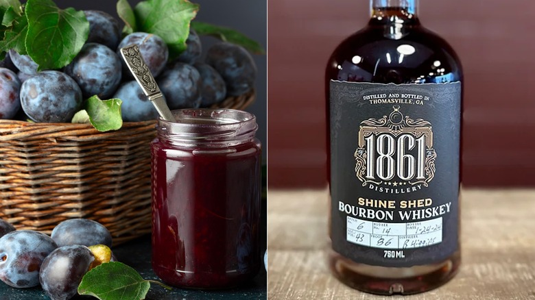 plums in a basket with a jar of jam and a bottle of Shine Shed bourbon