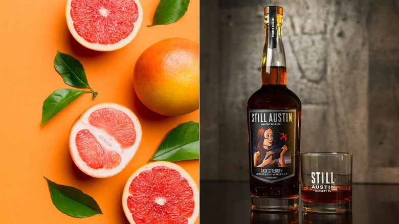 grapefruit on orange background and bottle of Still Austin Cask Strength bottle and glass