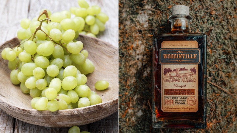 green grapes in a bowl with Woodford Reserve Double Oaked bourbon bottle