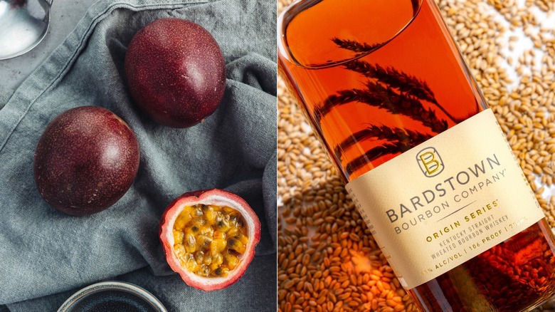 whole and cut passionfruit with Bardstown Wheated Bourbon bottle