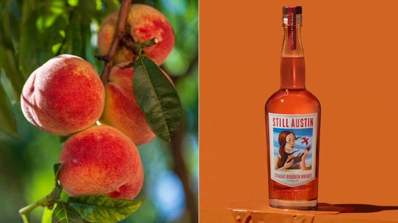 Fresh peaches on a tree and Still Austin's The Musician bourbon